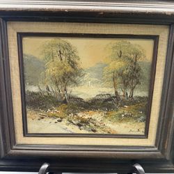 Nice Forest Green Lush Meadow Oil Landscape Painting Signed