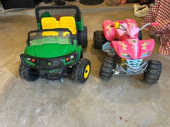 Kids John deer gator and Barbie four wheeler