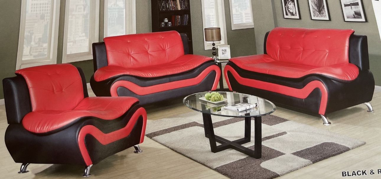 Modern Style Red Leather Three Piece Couch Set