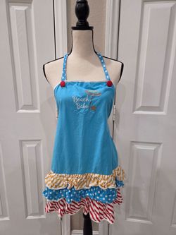 Kay Dee Designs Beach Babe Ruffle Apron Blue Polka Dot Stripe Cotton Embroidery