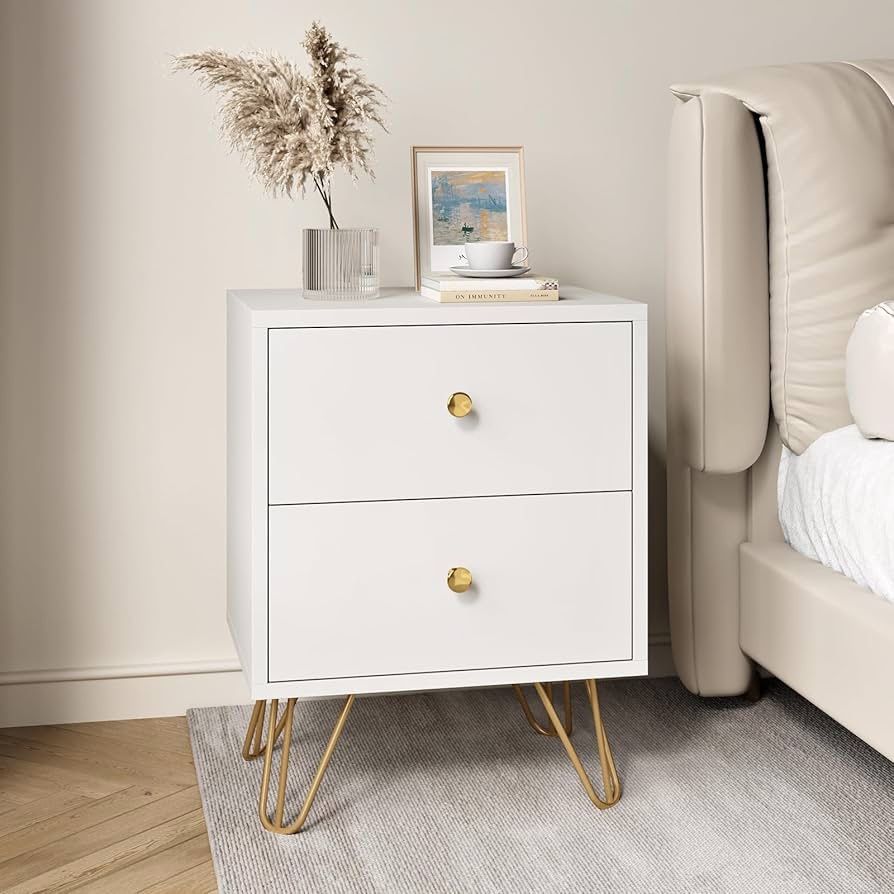 White Nightstand Set of 2, White and Gold Night Stand with 2 Drawers, Modern End Table with Metal Legs and Gold Handles, Bedside Table for Bedroom, Ha