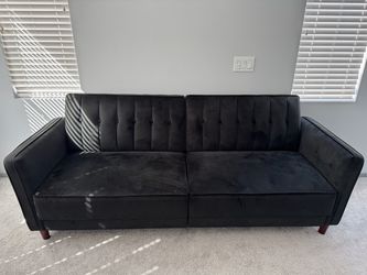 Black Tufted Velvet Sofa with Wood Legs