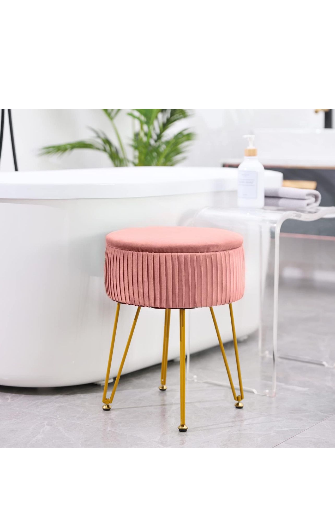 Velvet Storage Ottoman Foot Rest Makeup Footstool Velvet Footrest Chair with 4 Metal Legs Storage Stool and Ottomans for Living Room and Bedroom-Pink