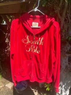 Vintage Southpole Red Velour Zip-Up Hoodie - Y2K Gold Spellout