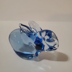 Vintage Blue Bunny Art Glass Sculpture 
