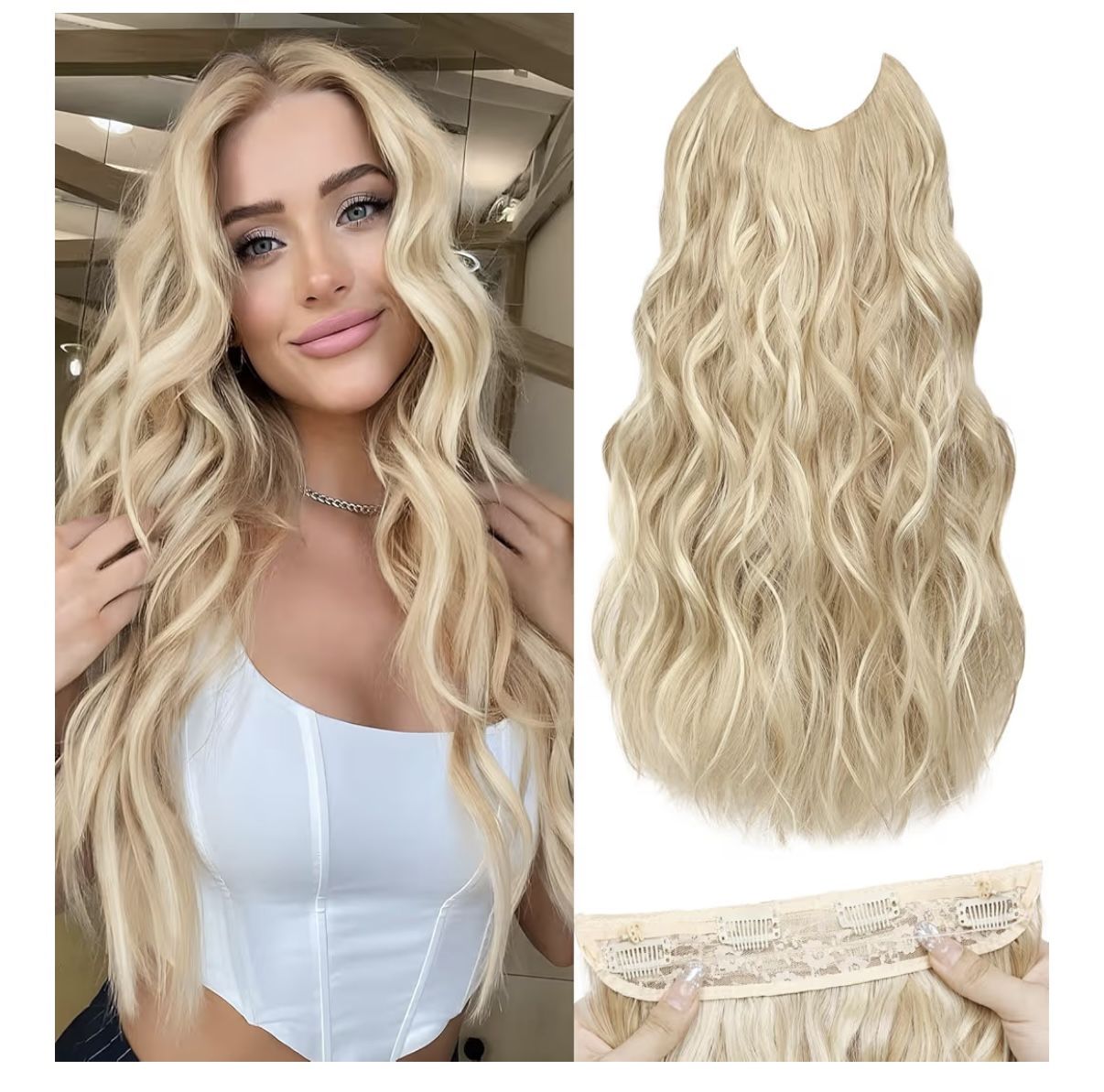Invisible Wire Hair Extensions - 20 Inch Hair Extensions Halo Ash Blonde Mix Bleach Blonde Long Wavy Synthetic Hairpiece with Transparent Wire Adjusta