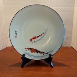 Vintage Japan White w/Red & Black Double Koi Fish Silver Trim, Serving Plate 10 1/2 Inches K16
