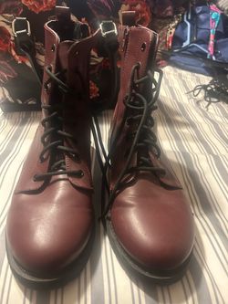 Burgundy Leather Lace-Up Combat Boots