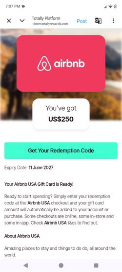 250 AIR,BNB Gift Card 120 TODAY !!