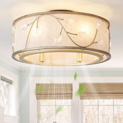 Gold Flush Mount Crystal Ceiling Fan, Lights
 & remote