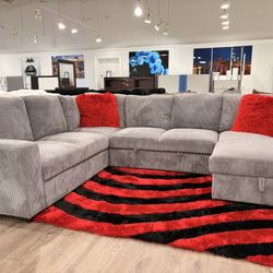 Sleeper Sofa Sectional Couch Gray Corduroy W/ Storage 