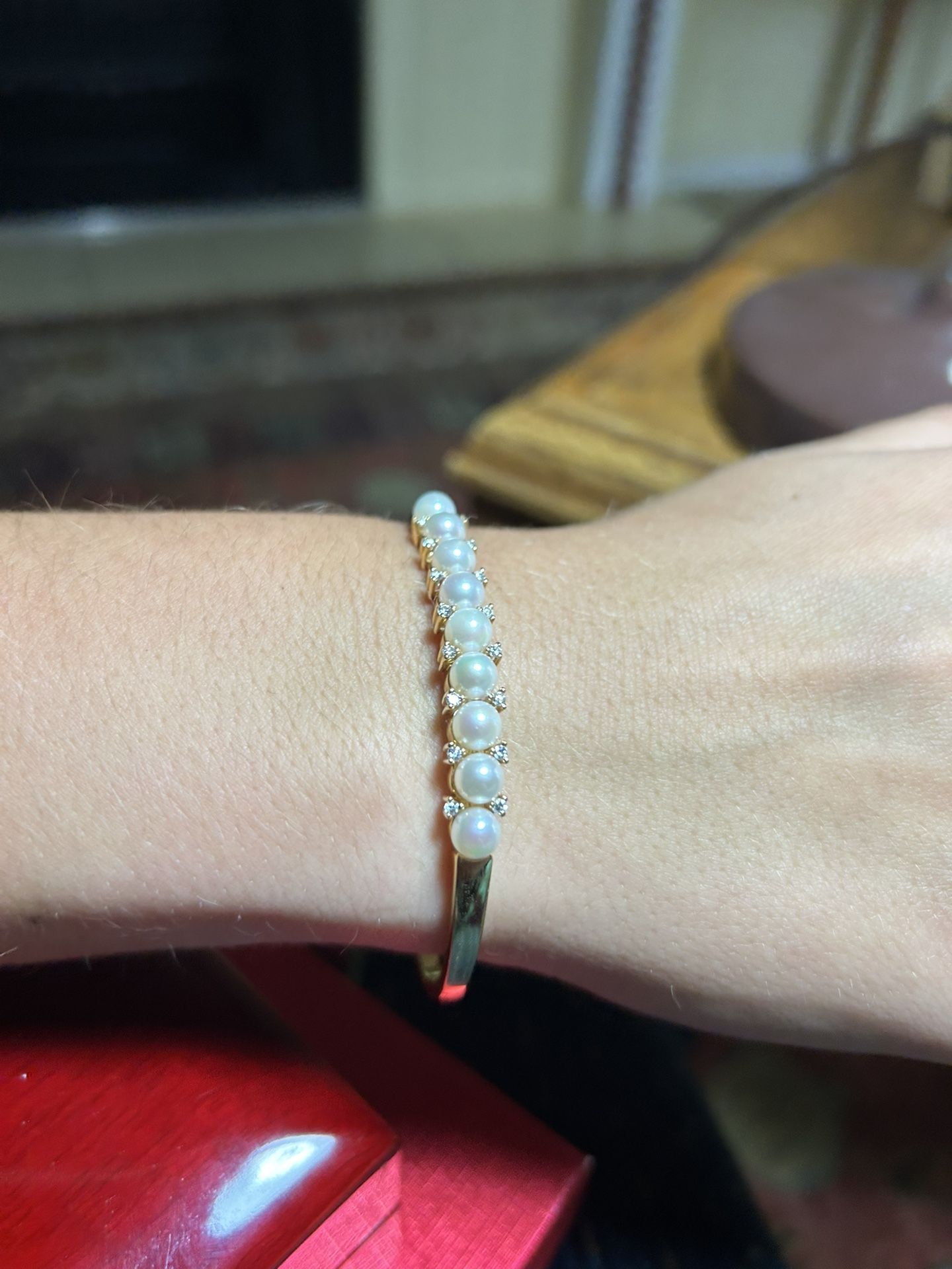 14K Gold Bangle Bracelet Pearl & Diamond Accent