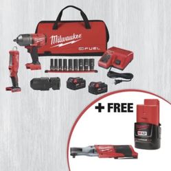 SPECIAL BUY! Milwaukee Multi-Piece Impact Wrench, Stick Light and Impact Socket Set Combo with Battery Packs and Accessories