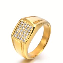 Trendy 18 k gold plated Stainless Steel Ring, Cubic Zirconia Encrusted Men's Ring, HipHop Ring