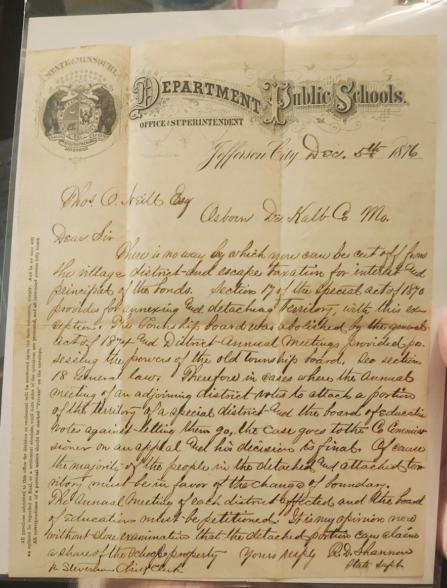 1876 Dept Of Public Schools Letter Re: Superintendent (Transcribed)