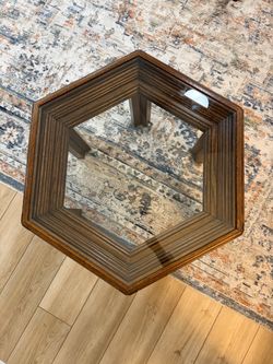 Vintage Gordon’s Hexagonal Wood and Glass Pair of Side Tables