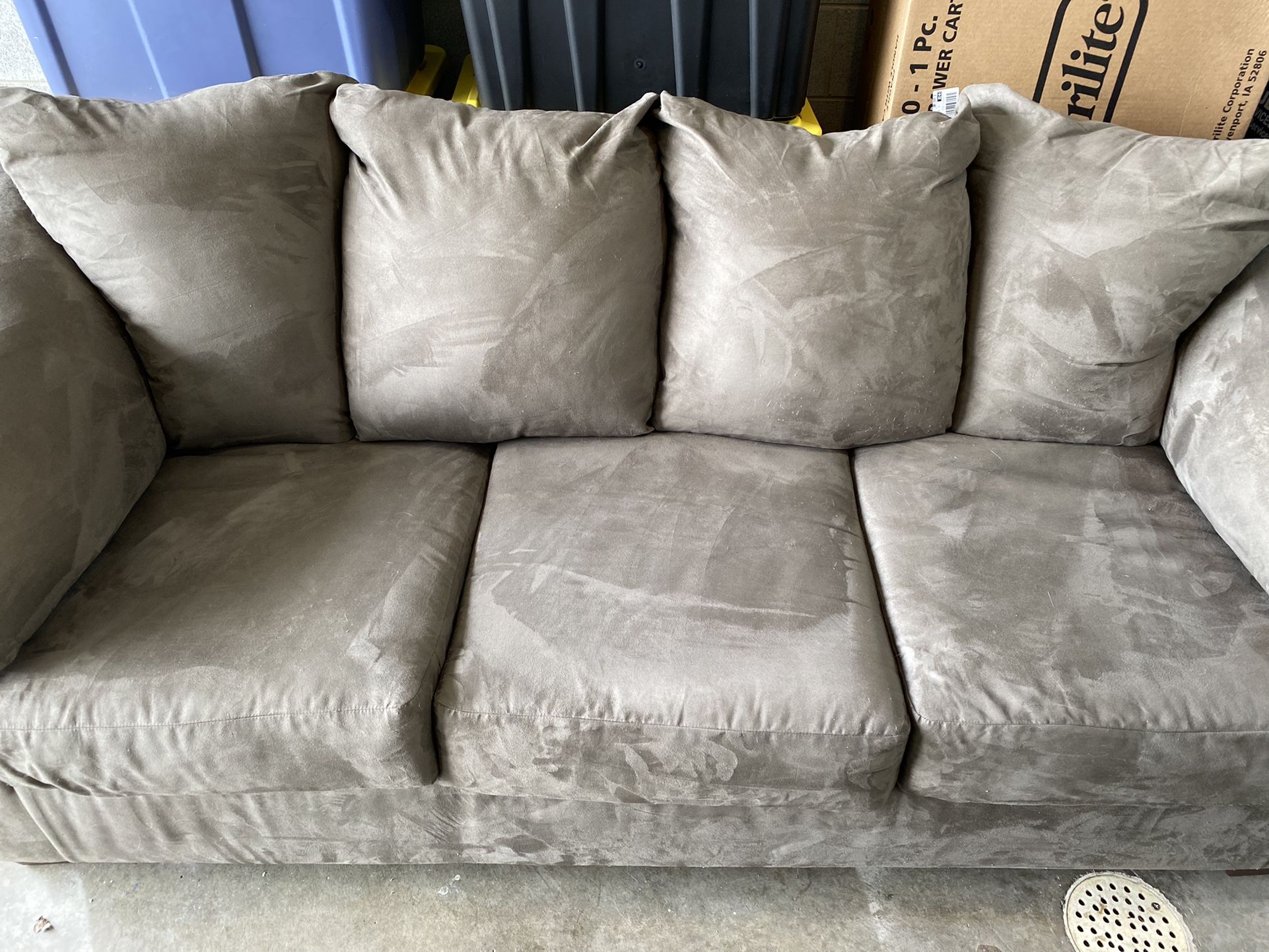 Practically New Faux Suede Grey Couch and 2 Matching Grey End Tables Bought At Same Time