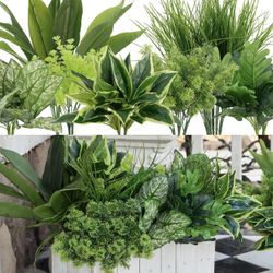 18Pcs Outdoor Artificial Boxwood UV Resistant Fake Stems Plants, Faux Plastic Greenery for Indoor Outside Hanging Plants Garden Porch Window Box Home 