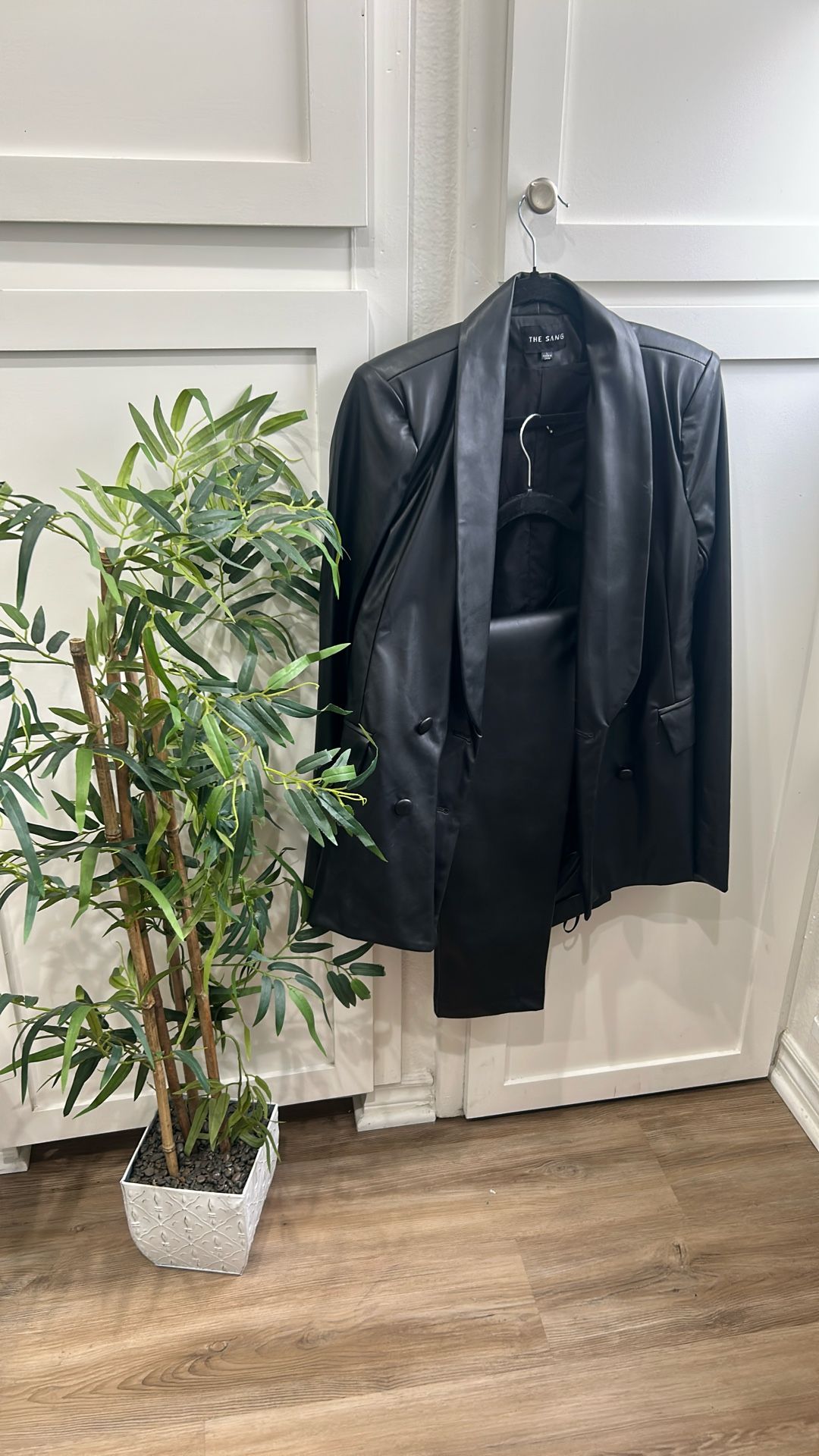 black faux leather blazer and matching trousers set