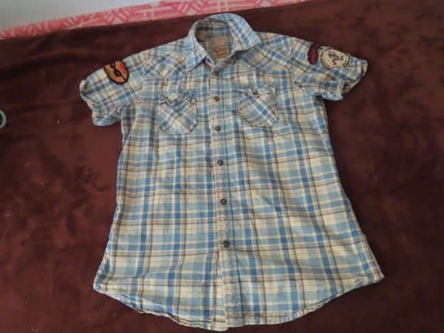 Scotch & Soda Western Shirt Mens sz M  Plaid Pearl Snap Short Sleeve Embroidery