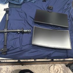 Dual Monitor stand with a ViewEdge 120 hz monitor with plug and Sceptre 120 Hz Curved Monitor without plug. Each can be sold separtely