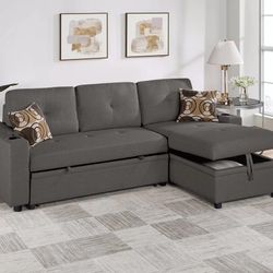 Brand New Ash/Gray/Blue Gray Linen Sofa Bed With Storage Chaise (84" x 60" x 35"H)