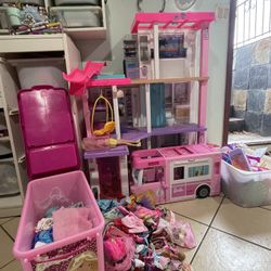 Lots Of Barbie Items Lots Of Cloth/ Playhouse/Bus/Barbies Dolls