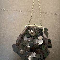 Gap Evening Sequined Beaded Black Small Bag Purse Clutch Short Silver Chain 