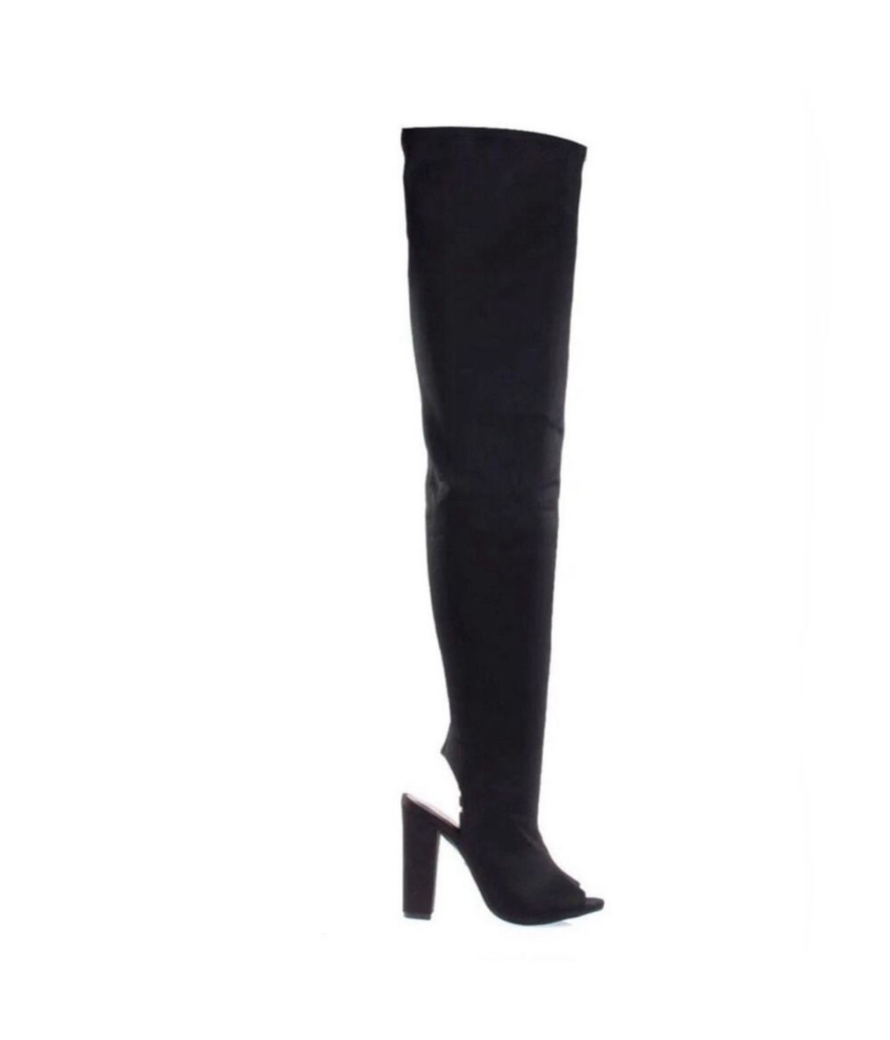 NIB: Womens Bamboo Sunlight Peep Toe Open Heel Thigh High Block Heel Faux Suede (Womens 8 )
