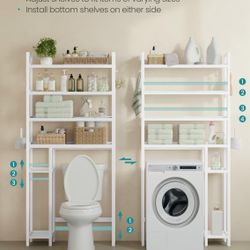 Over the Toilet Storage, 4-Tier Over Toilet Bathroom Organizer with Adjustable Shelves, 26 x 83 x 185 cm, Space-Saving, Cloud White UBTS017W01