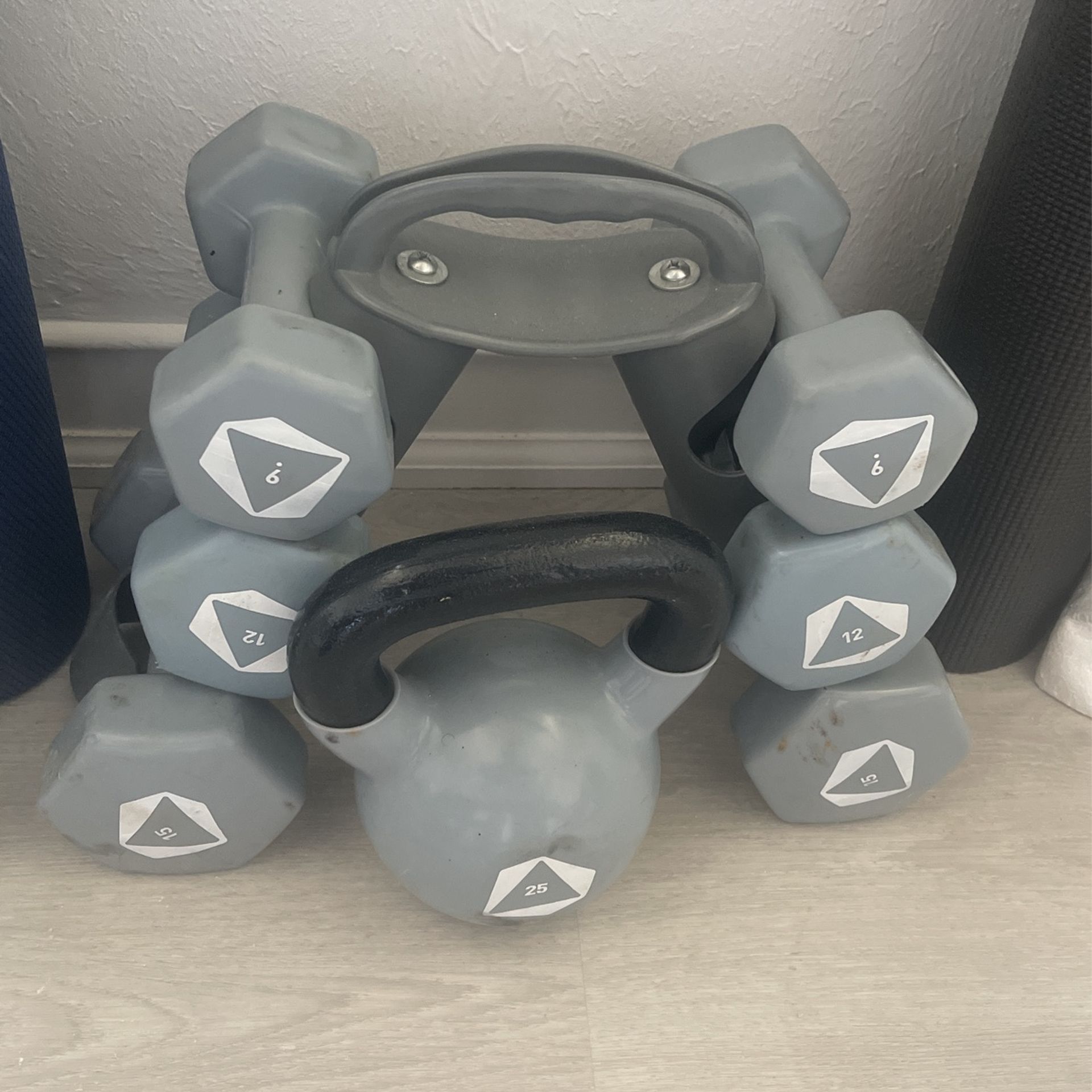 Weights 9, 12, 15, Kettle Ball 25 Pounds