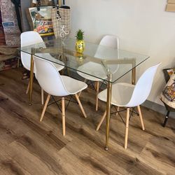 Modern Glass Rectangle Dining Table And 4 White Chairs