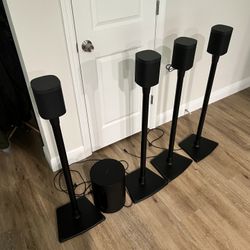 Sonos One SL (x4) speakers + Subwoofer + Stands (x4)