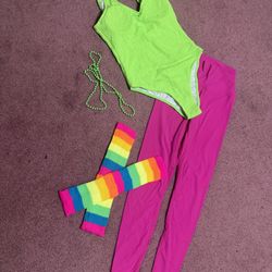 New Medium Neon Rainbow 80s Workout Bodysuit Outfit Costume Festival Rave 