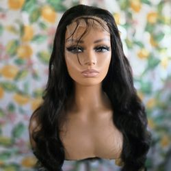 28"  Human Hair Wig Black Body Wave  4x4 Lace Front 
