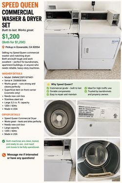 🔥 SPEED QUEEN COMMERCIAL WASHER & GAS DRYER SET — $975 OBO