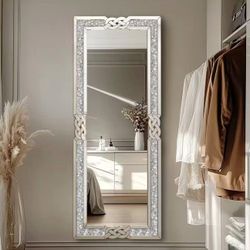 YSJ-X132 Crystal Full Length Floor Mirror With Stand 63"×22" Crushed Diamond Full Body Mirror Silver Long Standing Mirror For Bedroom Living Room Bath