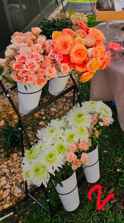 Tiered Metal Flower Market Display Stand with White Buckets – Bridal Shower / Event Decor