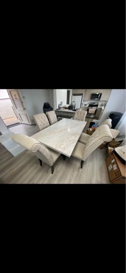 Acme Forbes Dining Table in White Marble Top & Walnut Finish with 6 chairs