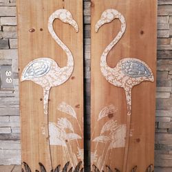 Pair Of 3' Tall Wood And Aluminum Flamingo Wall Art