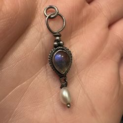 Sterling Silver Labradorite & Pearl Pendant – Boho Vintage Teardrop Dangle Charm 925 