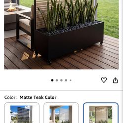 73" Metal Privacy Planter Box with Trellis on Wheels, Matte Teak Louvered Screen & AC Unit Cover, Mobile Wood Grain Panel with Drainage Holes for Outd