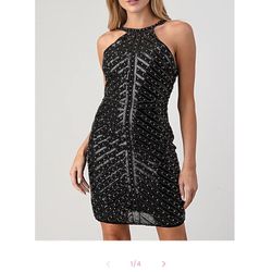🖤 New Black Beaded Bodycon Dress ✨ Halter Mini Club Party Date night Going Out Glam Size XS 