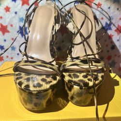 Leopard print lace up platform wedges