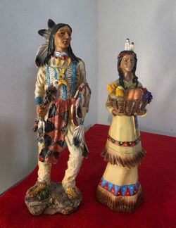 Resin Native American-Style Figurine Pair: Figure Holding Basket and Indian Chief, 11 in Height