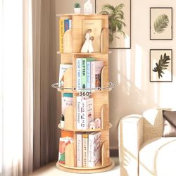 OOOK Rotating Bookshelf for Kids & Adults, 4-Tier 360° Spinning Solid Wood Book Organizer, Space-Saving Floor Standing Bookcase for Study Room, Bedroo