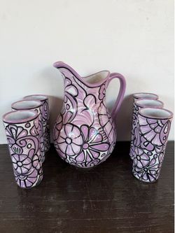 Mexican Talavera Purple Pitcher with Cups/Jarra de Talavera con Vasos, Pottery.