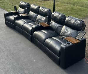 Black Leather Theater Electric Reclining Couch Seats With Cups Holders and Board
