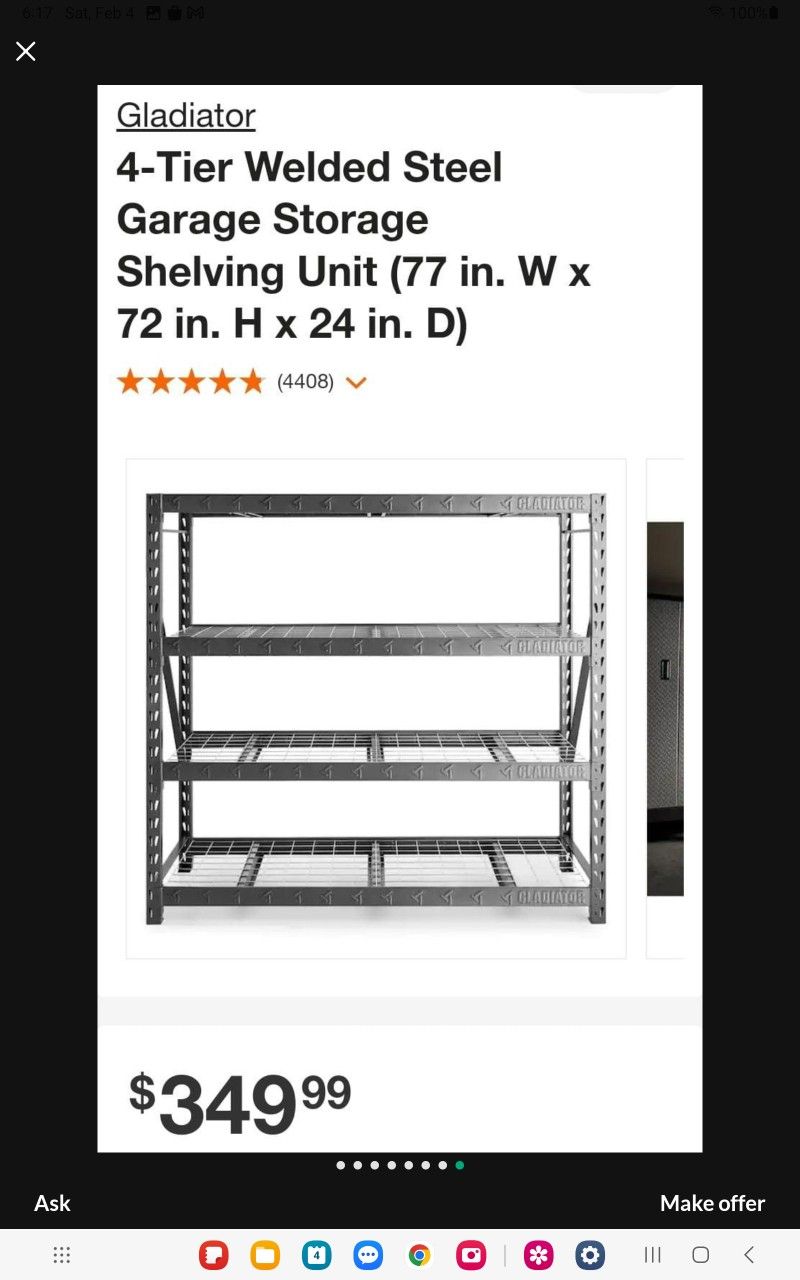 GLADIATOR 4-TIER WELDED STEEL GARAGE STORAGE SHELVING UNTIL 87"IN W X 72"IN H X 24"IN D