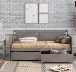 （T-014）Twin Daybed with Drawers, Wood Daybed Twin Size, Sofa Bed with 2 Storage Drawers for Bedroom, Living Room, Gray
